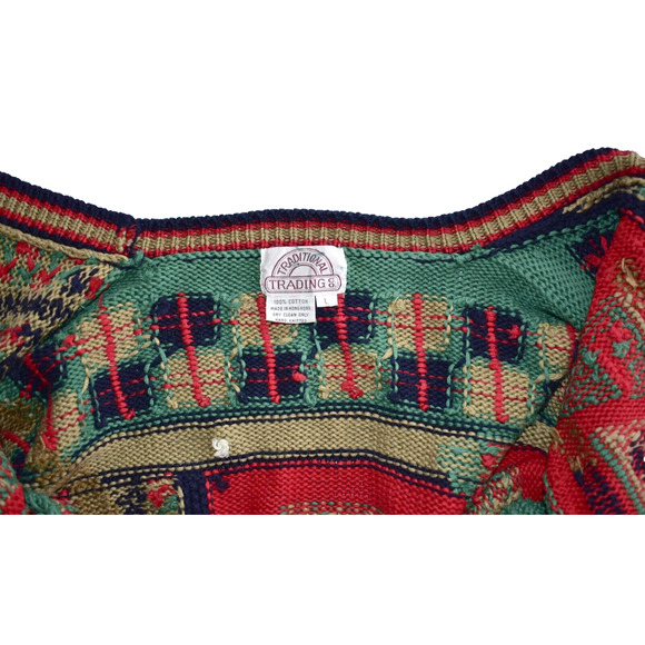 A5 Auth TRADITIONAL TRADING CO VTG Multicolor Cotton Knit Holiday Cardigan Sz L - Picture 4 of 5